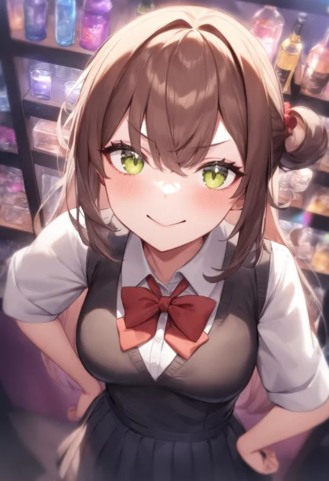 anime girl with green eyes and a bow tie in a store