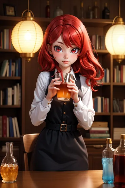 a woman with red hair holding a glass of alcohol in front of a table