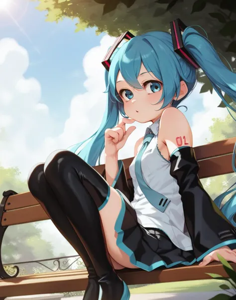 score_9, score_8_up, score_7_up,score_6_up,score_5_up,score_4_up, rating_questionable, rating_safe, source_anime BREAK a girl sitting on a park bench, blue sky, sun, hatsune miku, black skirt, looking at viewer, thighhighs, detached sleeves, dutch angle, 
...