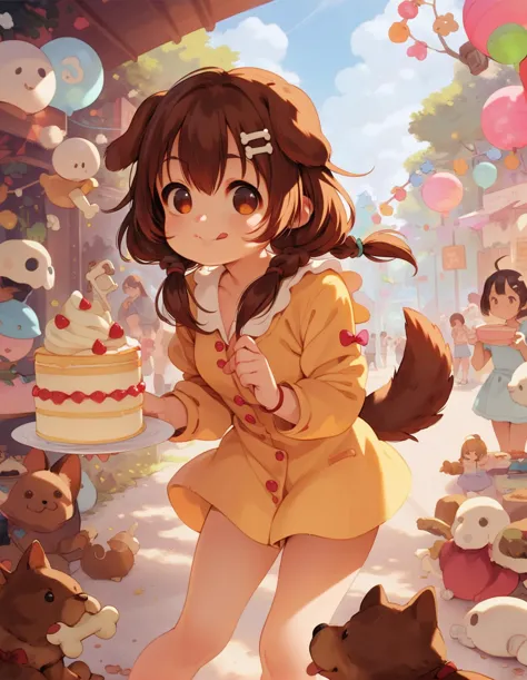 anime girl with a cake and many stuffed animals in a street