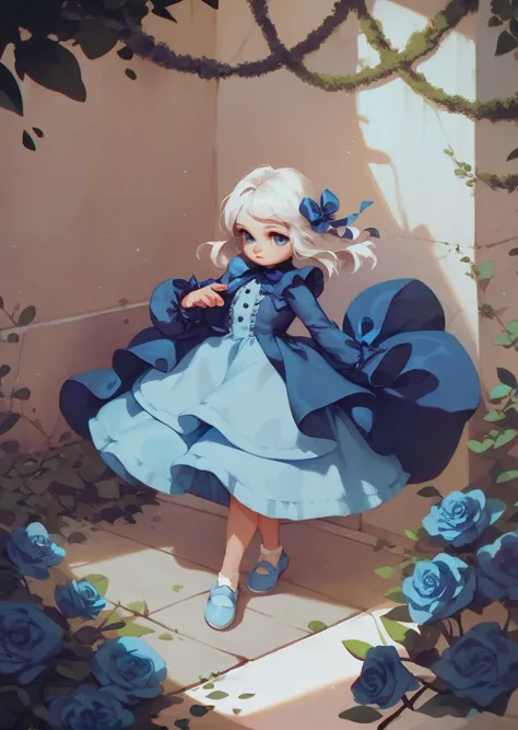 score_9, score_8_up, score_7_up, score_6_up, general, 1girl, solo, blue eyes, long sleeves, dress, bow, ribbon, full body, white hair, flower, frills, shoes, blue bow, rose
<lora:alkemanubis_style_pony6_v3-000036:0.8>