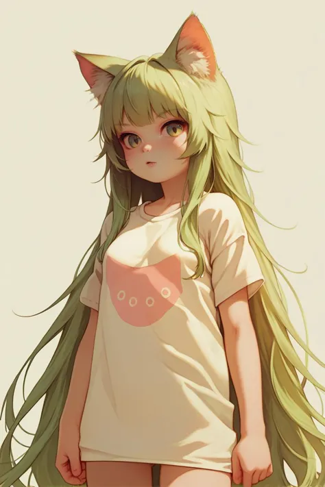 anime girl with long green hair wearing a white shirt and cat ears