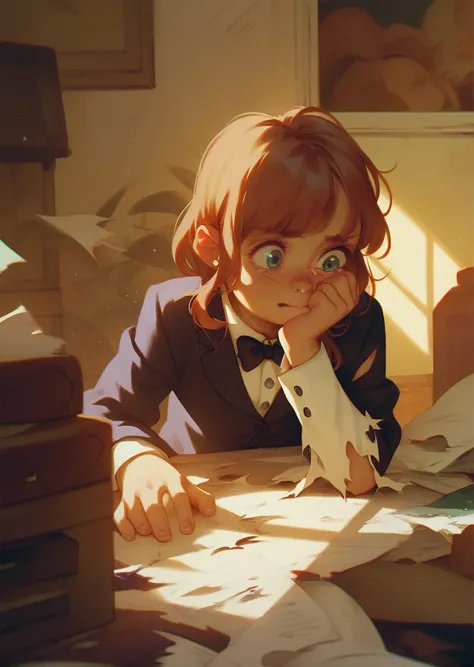 anime girl sitting at a desk with papers and a pen