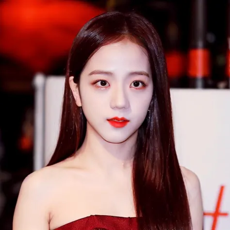 (close-up portrait of Jisoo:1.3), standing on a restaurant in Paris, red lips, 1girl, ulzzang, wearing a red dress, cute, (Kpop ...