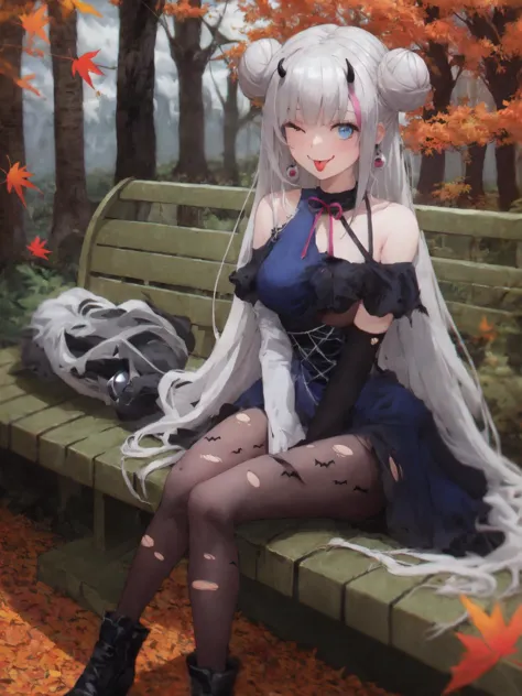 anime girl sitting on a bench in a park with leaves