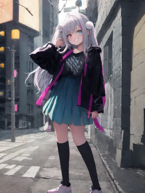 SLE, mksks style, detailed background absurdres, highres, realistic background, chromatic aberration, (full body), <lyco:GoodHands-beta2:1.0>,
BREAK  <lora:Kuro:1>, solo, 1girl, kuro, (heterochromia, blue eyes, pink eyes), one side up, streaked hair, two-tone hair, pink hair,
BREAK pom pom hair ornament, black jacket, long sleeves, open clothes, black shirt, clothes writing, blue skirt, gradient skirt, black socks, argyle legwear, sneakers, white footwear,
BREAK, standing, leaning forward, hand on hip, smile, grin, looking at viewer, facing viewer,
BREAK (cyberpunk, science fiction), city, sidewalk, buildings, lamppost, night, city lights, neon lights, outdoors