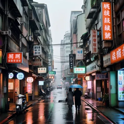 English text ,For a realistic yet eerily atmospheric image of a wet, cold Taiwanese street scene in winter with a ghostly, other...