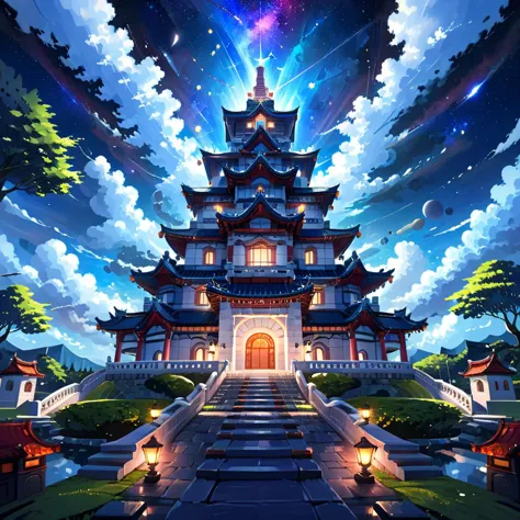 a painting of a pagoda with a sky background and a lot of clouds