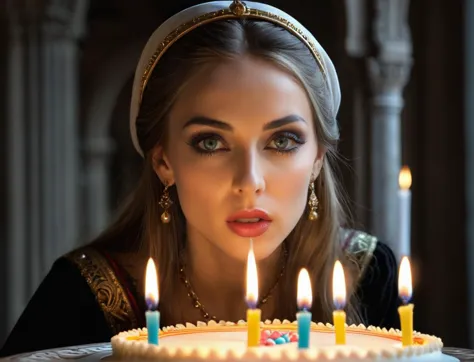 arafed woman in medieval dress blowing out candles on a cake