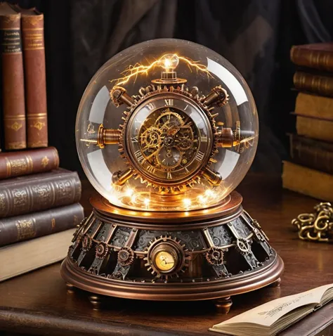 Steampunk style energyball in glass armour, intricate lightning effects inside the glass ball, reflecting flashes, 
on magic table in hogwards, the ball displays digital time stamp . Antique, mechanical, brass and copper tones, gears, intricate, detailed