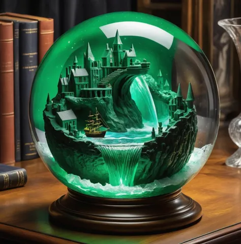 Cubist artwork  ( green_waterfall in glass_ball):2 with seaship on wave, energyball in glass body, intricate lightning effects inside the glass ball, reflecting flashes, 
on magic table in hogwards, the ball displays digital time stamp,
horror and magic, close, midnight dimly lit
background: hogwards magic table and library . Geometric shapes, abstract, innovative, revolutionary