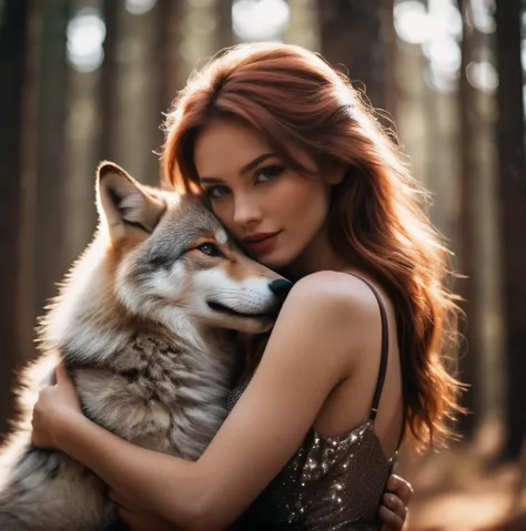 a woman in a dress hugging a wolf in the woods