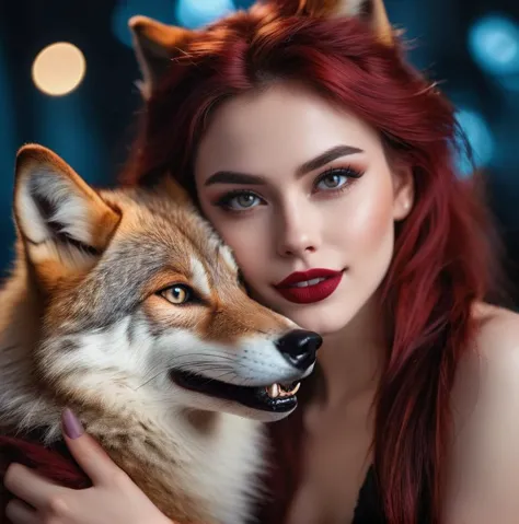 a woman with red hair and a wolf head is posing for a picture