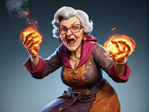 an old woman with glasses and a purple jacket holding a fire ball