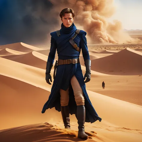 a man in a blue outfit standing on top of a desert