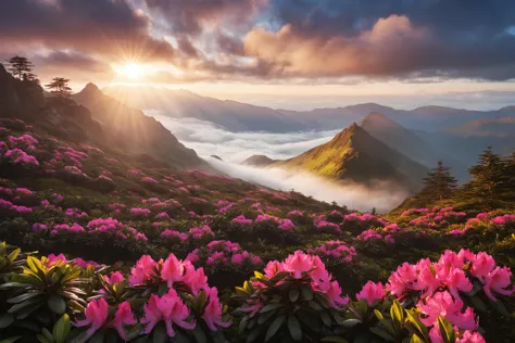 sunrise over a misty mountain landscape with blooming rhododendrons in the foreground, sun rays piercing through clouds, vibrant and colorful nature scene, high resolution landscape photography, 8k uhd, masterpiece, best quality, high quality, ultra-detailed