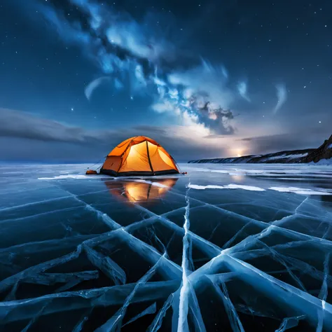 Professional half body photo of frozen Lake Baikal, partially cloudy, starry night, a tent illuminated from the inside is set on the cracked ice. DSLR photo, high details, masterpiece, epic, cinematic, dynamic, movie poster, hero, NSFW