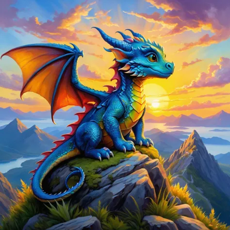 a blue dragon sitting on top of a mountain with a sunset in the background