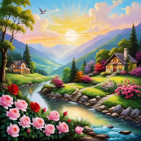 a painting of a beautiful mountain scene with flowers and a river