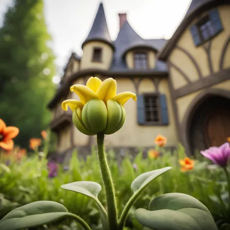 there is a yellow flower in front of a house with a tower