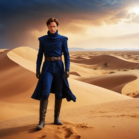 a man in a blue outfit standing on top of a desert