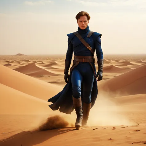 a woman in a blue outfit walking across a desert