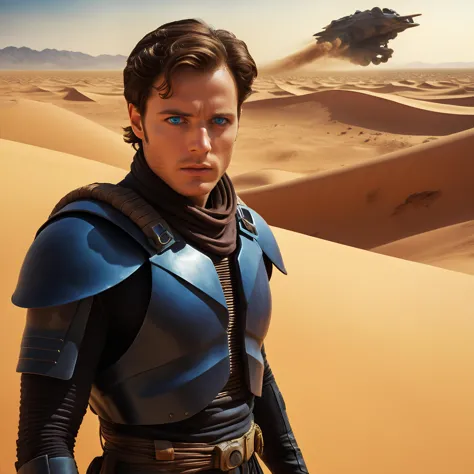 Dune movie style, professional realistic full-length photo of Paul Atreides in a desert on the planet Arrakis, 25 years old, deep blue eyes, sandstorm in the background, high details, masterpiece, epic, movie poster, modern, futuristic, colorful, full body photo, blurred background
