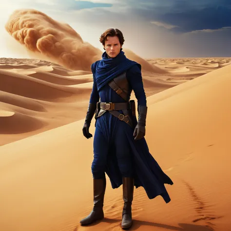 a man in a blue outfit standing in the desert