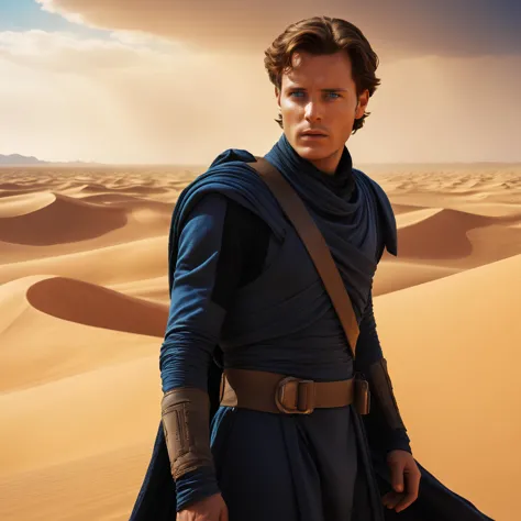 a man in a blue robe standing in the desert