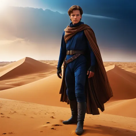 arafed image of a man in a blue outfit and brown cape standing in the desert