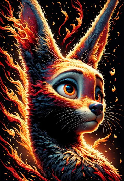 a painting of a cat with flames on its head