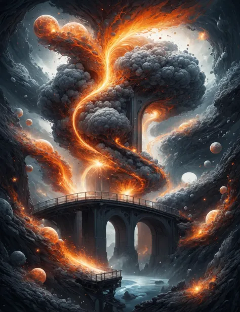 a painting of a bridge with a giant fire coming out of it