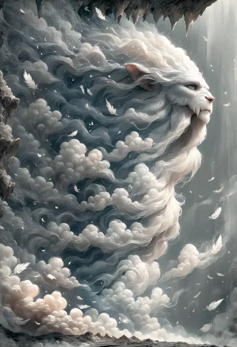 a painting of a lion with a cloud like face