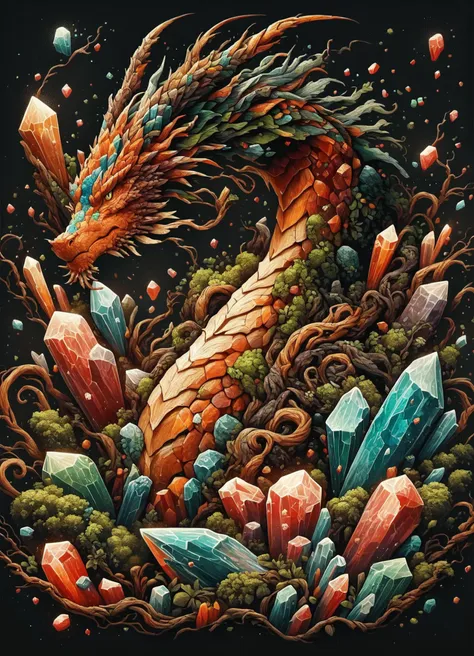 a painting of a dragon surrounded by crystals and other rocks