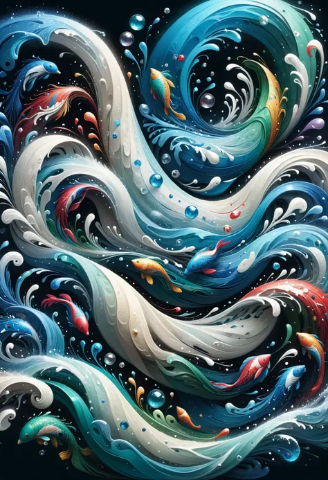 a painting of a wave with fish in it and bubbles