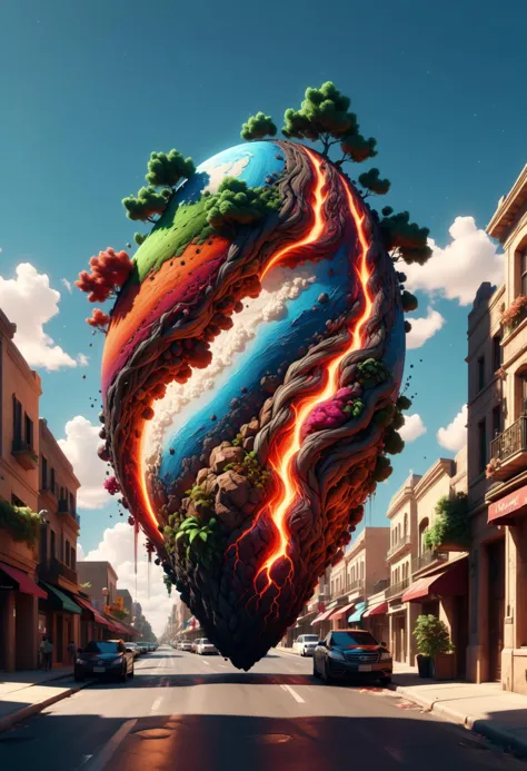 a large heart shaped object floating in the air on a city street