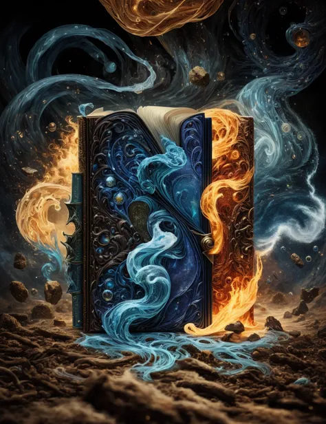 a book with a blue cover and a fire inside