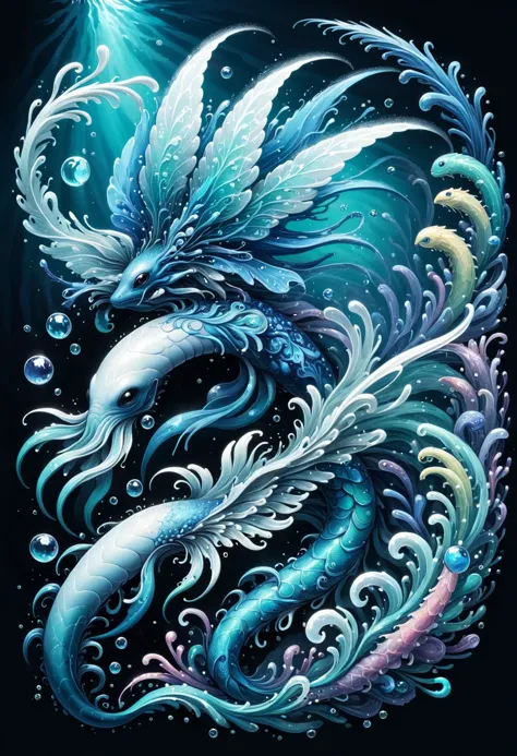 a painting of a blue and white dragon with a long tail