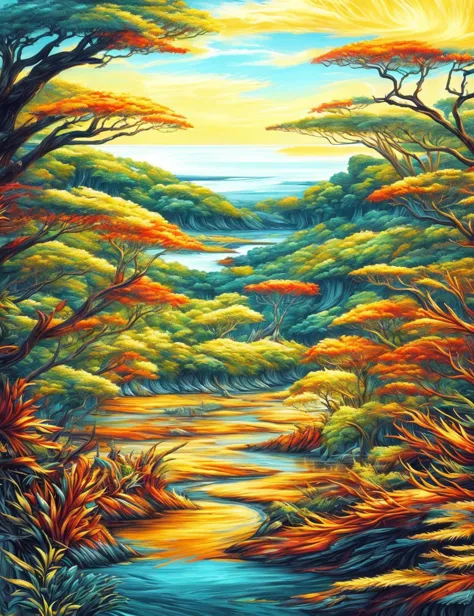 a painting of a river surrounded by trees and bushes