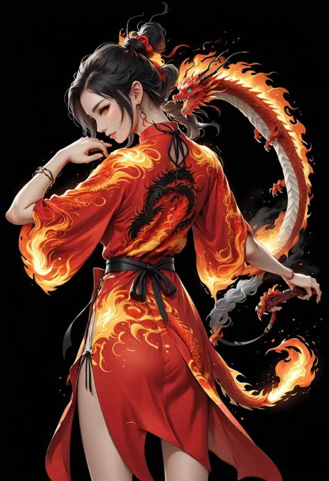 a woman in a red robe with a dragon on her back