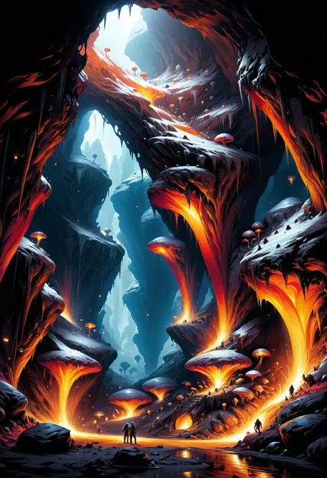 a man standing in front of a cave filled with lava and lava