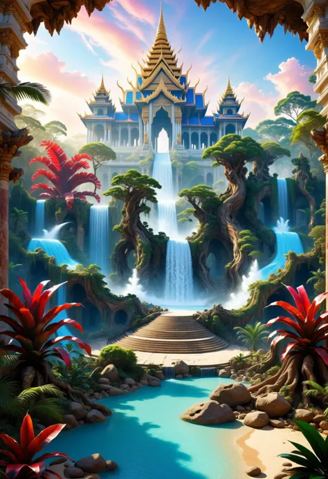 a painting of a waterfall and a pagoda in a tropical setting