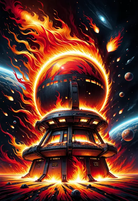 a poster of a spaceship with a fireball in the middle