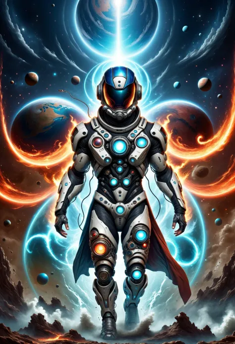 a man in a space suit standing in front of a spiral vortex