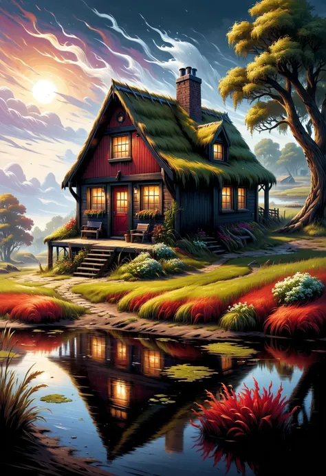 a painting of a house in the middle of a field