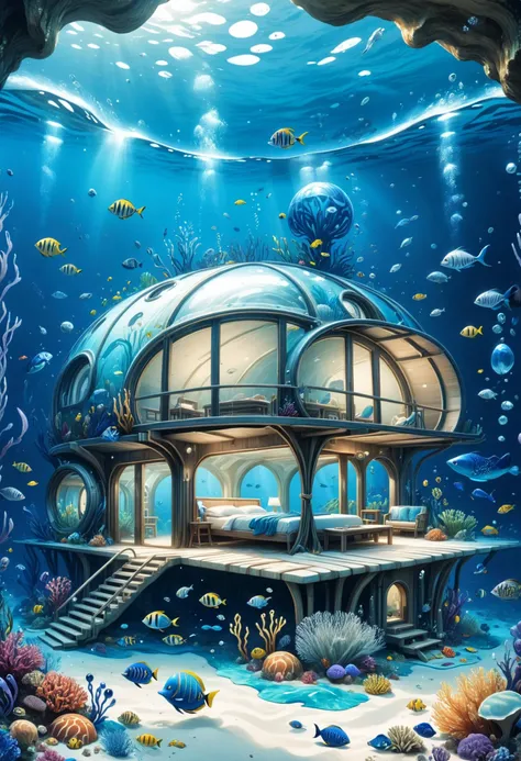 a large underwater house surrounded by corals and fish