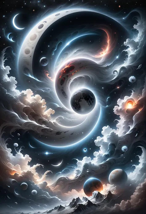 a painting of a spiral of clouds and planets in the sky