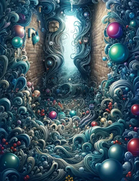 a painting of a tunnel with many balloons and a door