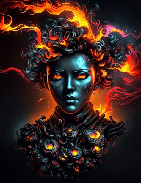 a digital painting of a woman with fire coming out of her hair