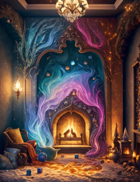 a room with a fireplace and a colorful wall mural